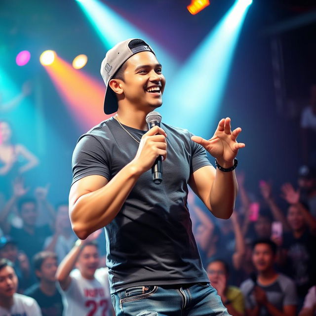 A handsome Indonesian man wearing a backwards hat, energetically performing a rap song on stage