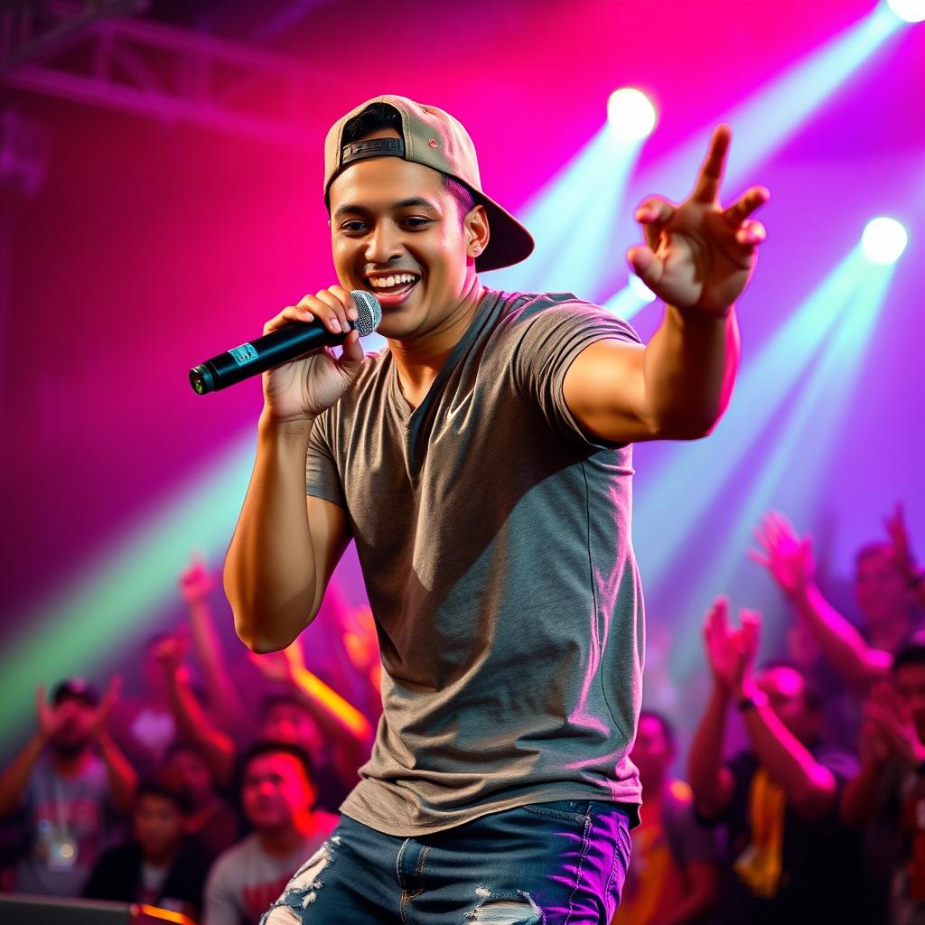 A handsome Indonesian man wearing a backwards hat, energetically performing a rap song on stage