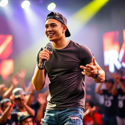 A handsome Indonesian man wearing a backwards hat, energetically performing a rap song on stage