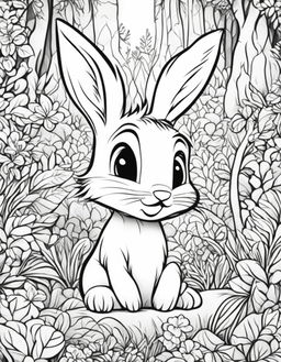 Ultra-detailed Disney-style coloring page featuring an ultra-cute bunny in a whimsical forest scene filled with friendly creatures