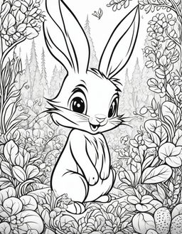 Ultra-detailed Disney-style coloring page featuring an ultra-cute bunny in a whimsical forest scene filled with friendly creatures