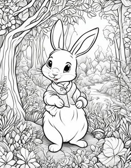 Ultra-detailed Disney-style coloring page featuring an ultra-cute bunny in a whimsical forest scene filled with friendly creatures