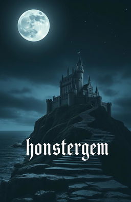 A mystical night scene featuring a castle on a small hill illuminated by a full moon, with grayish and dark tones