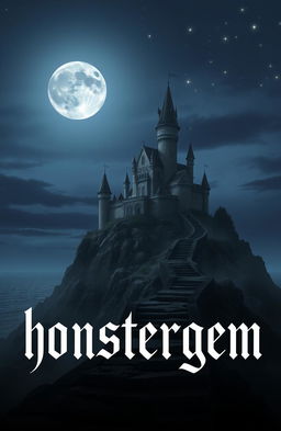 A mystical night scene featuring a castle on a small hill illuminated by a full moon, with grayish and dark tones