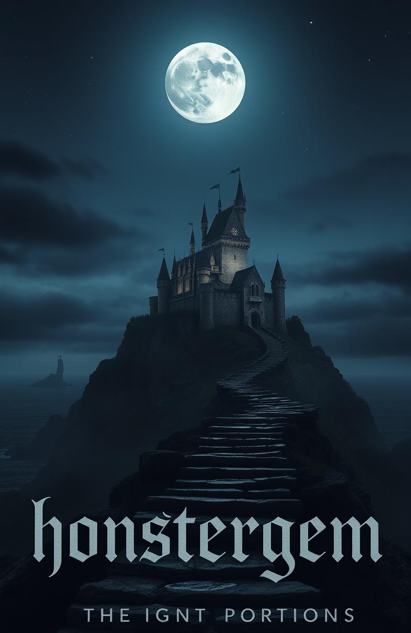 A mystical night scene featuring a castle on a small hill illuminated by a full moon, with grayish and dark tones