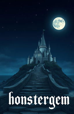A mystical night scene featuring a castle on a small hill illuminated by a full moon, with grayish and dark tones