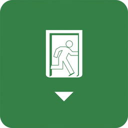 A clear and informative emergency exit pictogram, featuring a green background with a bright white symbol of a person running towards an exit door