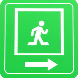 A clear and informative emergency exit pictogram, featuring a green background with a bright white symbol of a person running towards an exit door