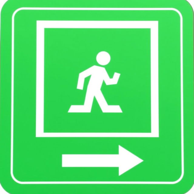 A clear and informative emergency exit pictogram, featuring a green background with a bright white symbol of a person running towards an exit door