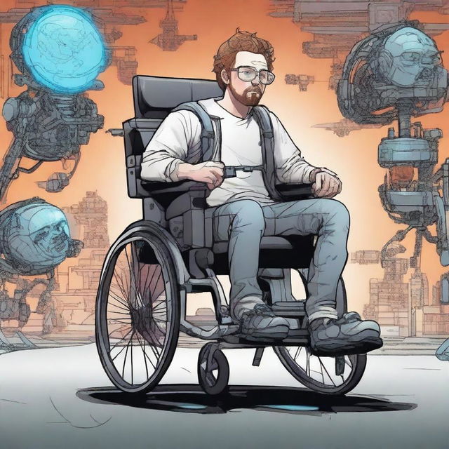 Illustrate Sam Hyde as a cyborg seated in a futuristic wheelchair, emphasizing the fusion of man and technology.