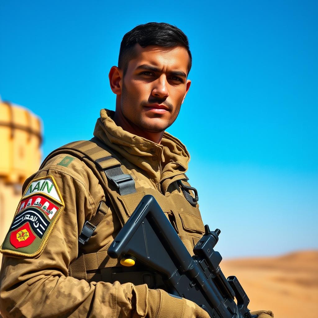 A detailed portrait of an Iraqi soldier standing proudly, wearing a camouflage uniform, with a tactical vest adorned with military patches and insignia