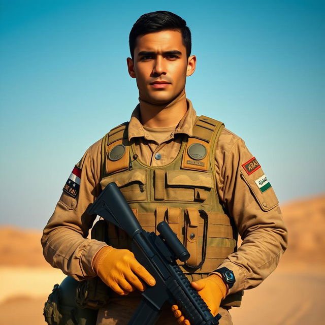 A detailed portrait of an Iraqi soldier standing proudly, wearing a camouflage uniform, with a tactical vest adorned with military patches and insignia