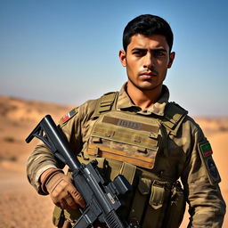 A detailed portrait of an Iraqi soldier standing proudly, wearing a camouflage uniform, with a tactical vest adorned with military patches and insignia