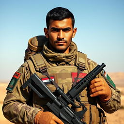 A detailed portrait of an Iraqi soldier standing proudly, wearing a camouflage uniform, with a tactical vest adorned with military patches and insignia