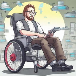 Illustrate Sam Hyde as a cyborg seated in a futuristic wheelchair, emphasizing the fusion of man and technology.