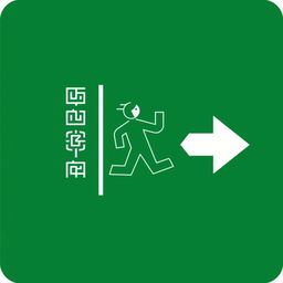 A unique emergency exit pictogram that blends Asian and Peruvian cultural elements