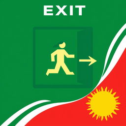 A unique emergency exit pictogram that blends Asian and Peruvian cultural elements