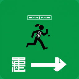 A unique emergency exit pictogram that blends Asian and Peruvian cultural elements