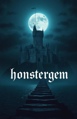 A giant castle on a hill at midnight with a full moon shining brightly in the sky, surrounded by a dark and moody atmosphere