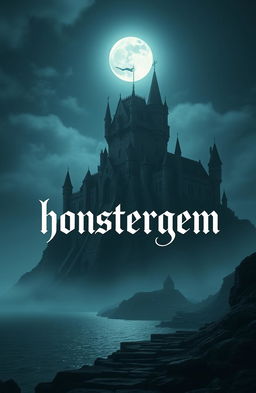 A giant castle on a hill at midnight with a full moon shining brightly in the sky, surrounded by a dark and moody atmosphere