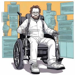 Illustrate Sam Hyde as a cyborg seated in a futuristic wheelchair, emphasizing the fusion of man and technology.