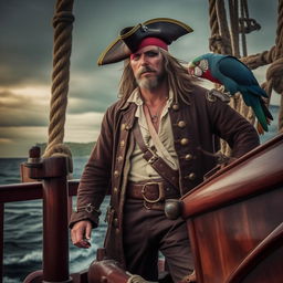 A classic pirate with a weathered tricorn hat, eye patch, and a parrot on his shoulder, standing on the deck of a wooden pirate ship.