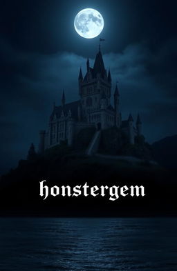 A giant castle on a hill at midnight with a full moon shining brightly in the sky, surrounded by a dark and moody atmosphere
