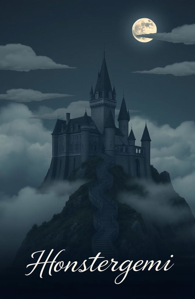 A gigantic castle at midnight, perched on a small hill with a slight layer of pastel-colored clouds in various shades