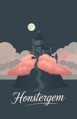 A gigantic castle at midnight, perched on a small hill with a slight layer of pastel-colored clouds in various shades