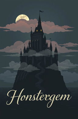 A gigantic castle at midnight, perched on a small hill with a slight layer of pastel-colored clouds in various shades