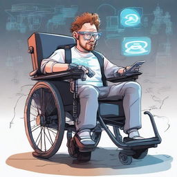 Illustrate Sam Hyde as a cyborg seated in a futuristic wheelchair, emphasizing the fusion of man and technology.