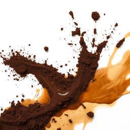 An artistic composition featuring splashes of dirt and murky water on a clean white background