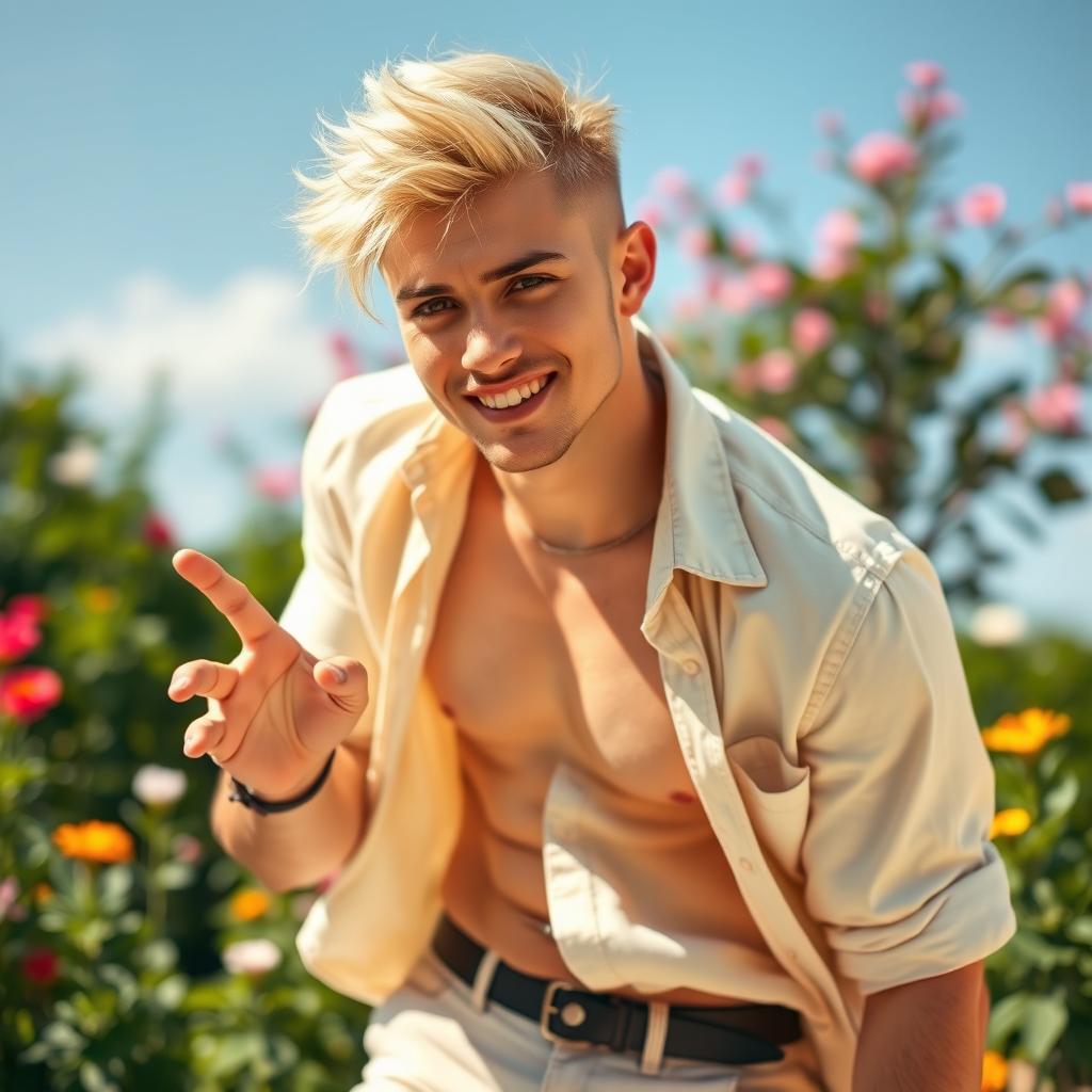 A vibrant and colorful portrait of a confident gay blonde man, radiating positivity and joy