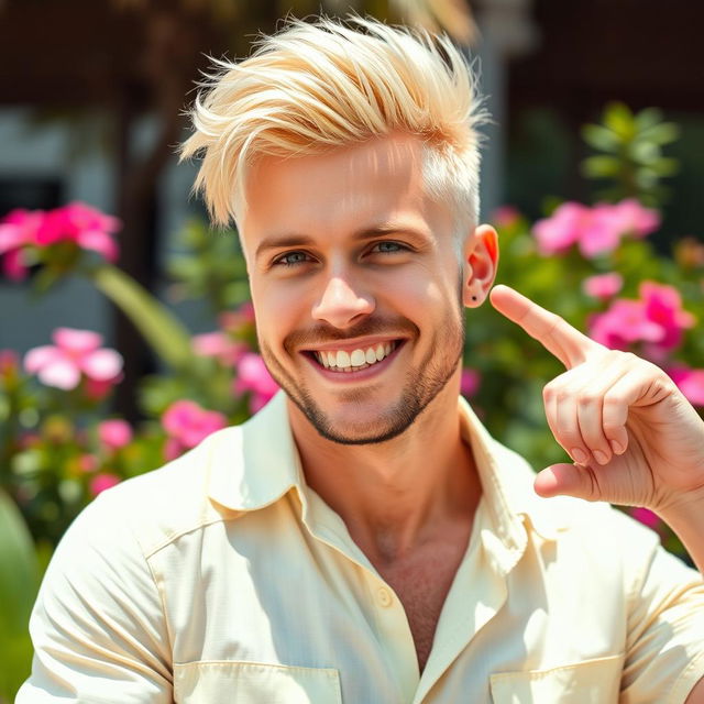 A vibrant and colorful portrait of a confident gay blonde man, radiating positivity and joy