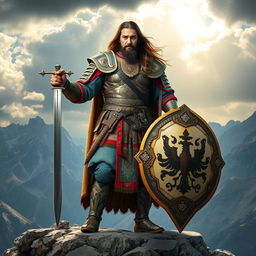 An imposing Iranian warrior clad in traditional armor, featuring intricate patterns and detailed craftsmanship, standing confidently atop a rocky terrain