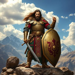 An imposing Iranian warrior clad in traditional armor, featuring intricate patterns and detailed craftsmanship, standing confidently atop a rocky terrain