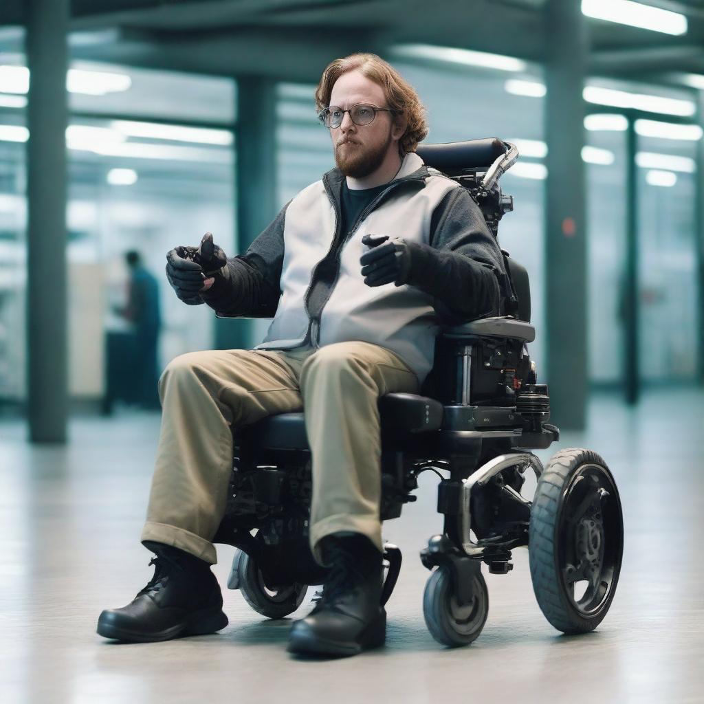 Present Sam Hyde as a realistic, complex cyborg seated in a technologically advanced wheelchair, with detailed mechanical parts blending seamlessly into his human attributes