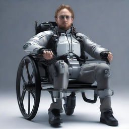 Present Sam Hyde as a realistic, complex cyborg seated in a technologically advanced wheelchair, with detailed mechanical parts blending seamlessly into his human attributes