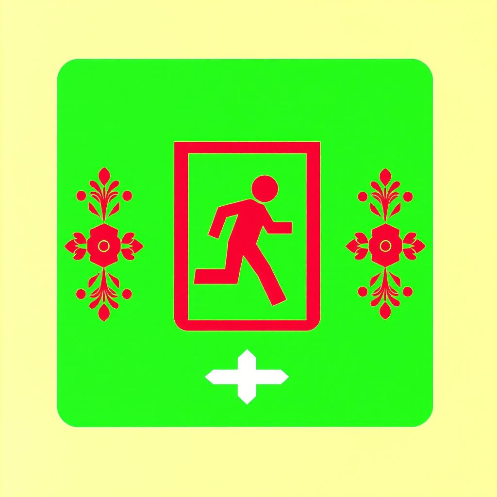 A distinctive emergency exit pictogram that creatively merges Asian and Peruvian design elements