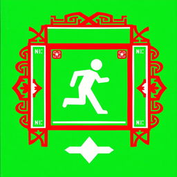 A distinctive emergency exit pictogram that creatively merges Asian and Peruvian design elements