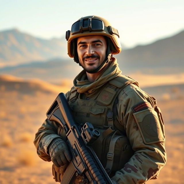 A realistic depiction of an Iranian soldier in an outdoor setting, wearing contemporary military gear, complete with camouflage patterns and tactical accessories