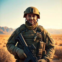 A realistic depiction of an Iranian soldier in an outdoor setting, wearing contemporary military gear, complete with camouflage patterns and tactical accessories