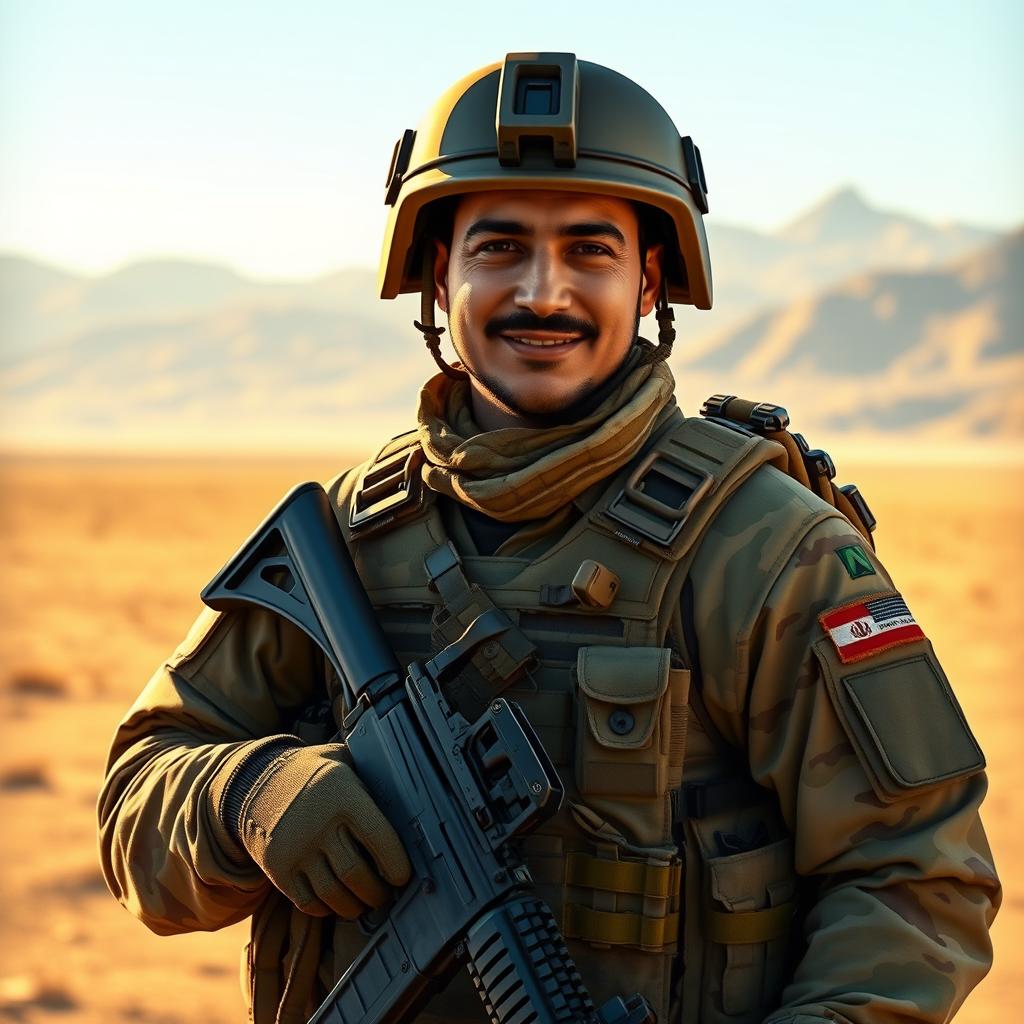 A realistic depiction of an Iranian soldier in an outdoor setting, wearing contemporary military gear, complete with camouflage patterns and tactical accessories