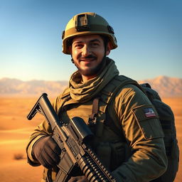 A realistic depiction of an Iranian soldier in an outdoor setting, wearing contemporary military gear, complete with camouflage patterns and tactical accessories