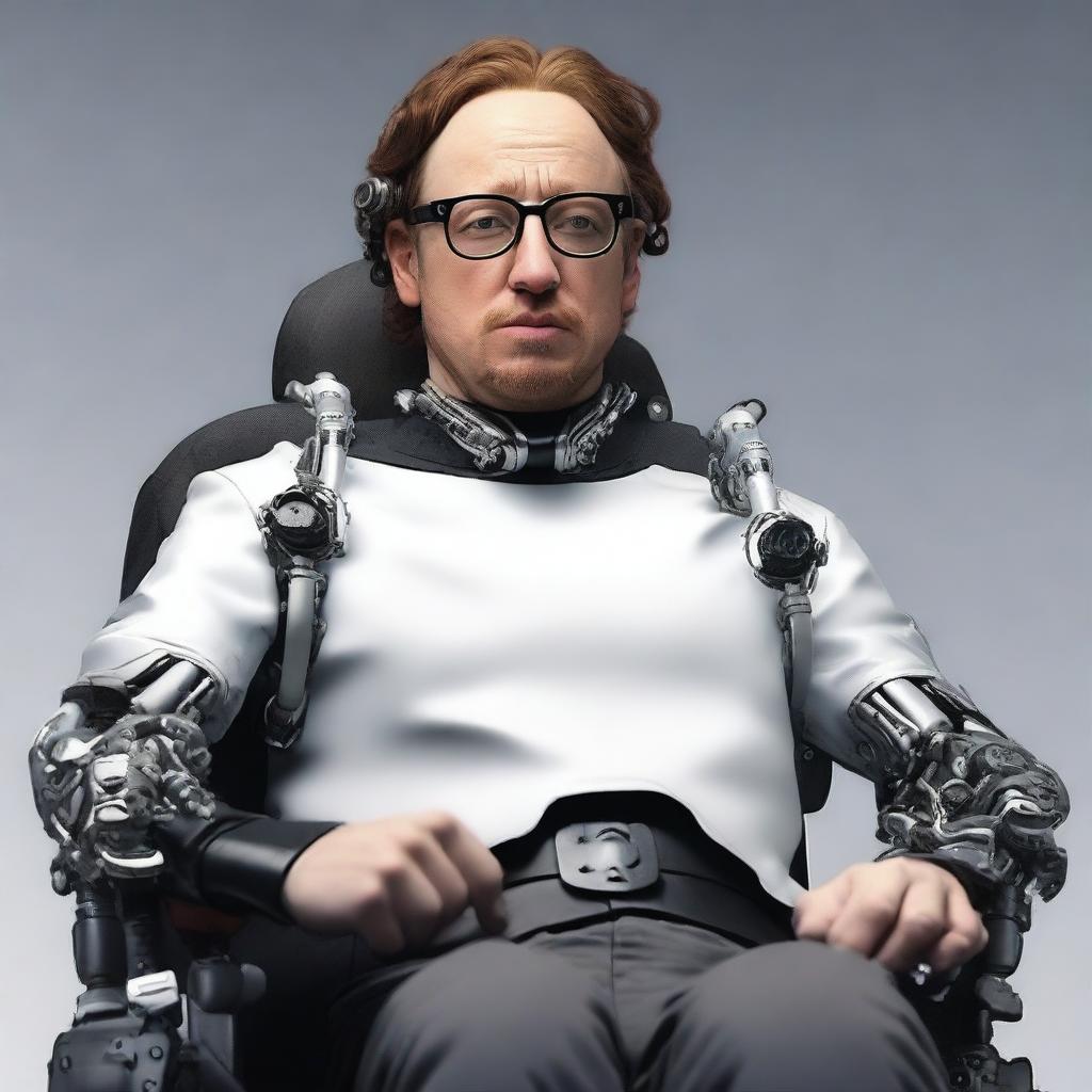 Present Sam Hyde as a realistic, complex cyborg seated in a technologically advanced wheelchair, with detailed mechanical parts blending seamlessly into his human attributes