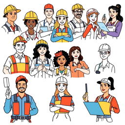 Vector illustrations of diverse workers engaged in various professions, depicted with clean, outlined lines on a crisp white background