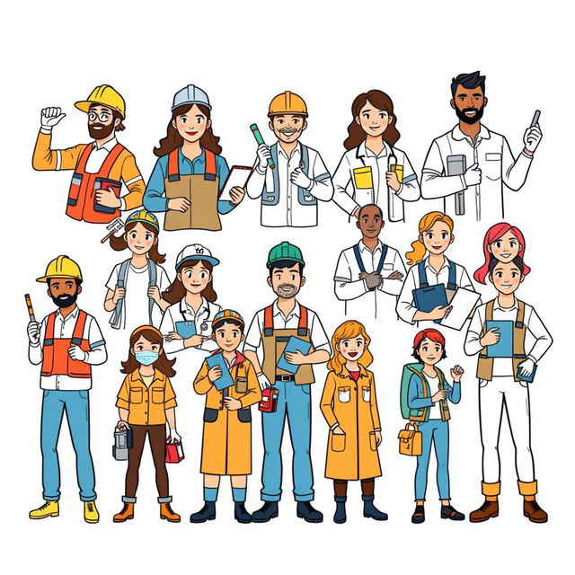 Vector illustrations of diverse workers engaged in various professions, depicted with clean, outlined lines on a crisp white background