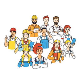 Vector illustrations of diverse workers engaged in various professions, depicted with clean, outlined lines on a crisp white background