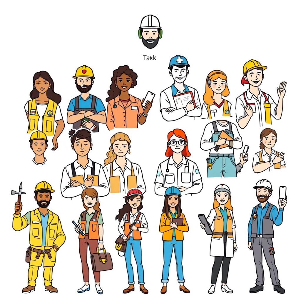 Vector illustrations of diverse workers engaged in various professions, depicted with clean, outlined lines on a crisp white background