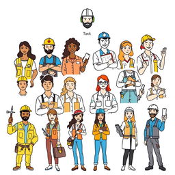 Vector illustrations of diverse workers engaged in various professions, depicted with clean, outlined lines on a crisp white background